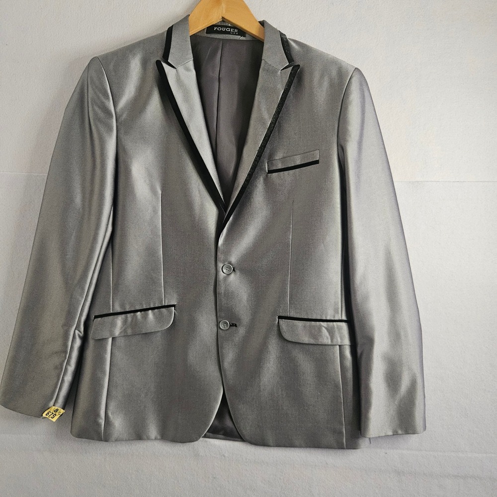 Fouger USA Metallic Silver Blazer Black Trim Tuxedo Jacket 38R Size 18 Wedding